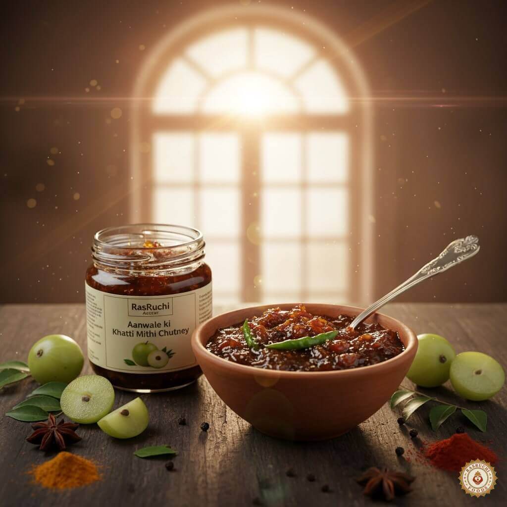 Aanwala khatti mithi chutney in jar