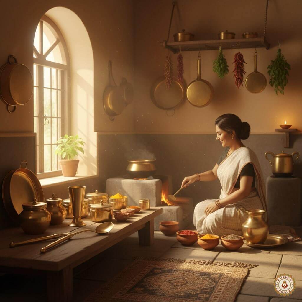 Traditional Indian kitchen with brass utensils
