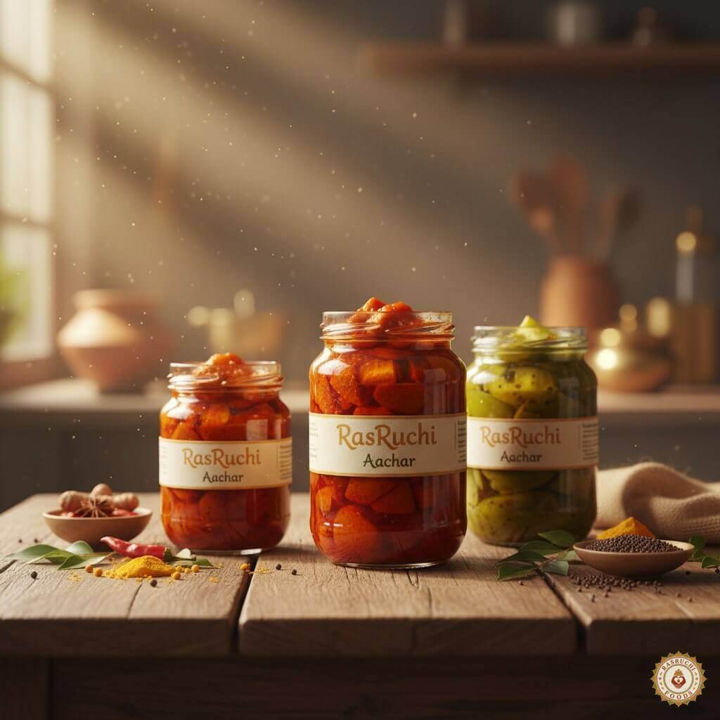 Sunlit glass jars of RasRuchi pickles
