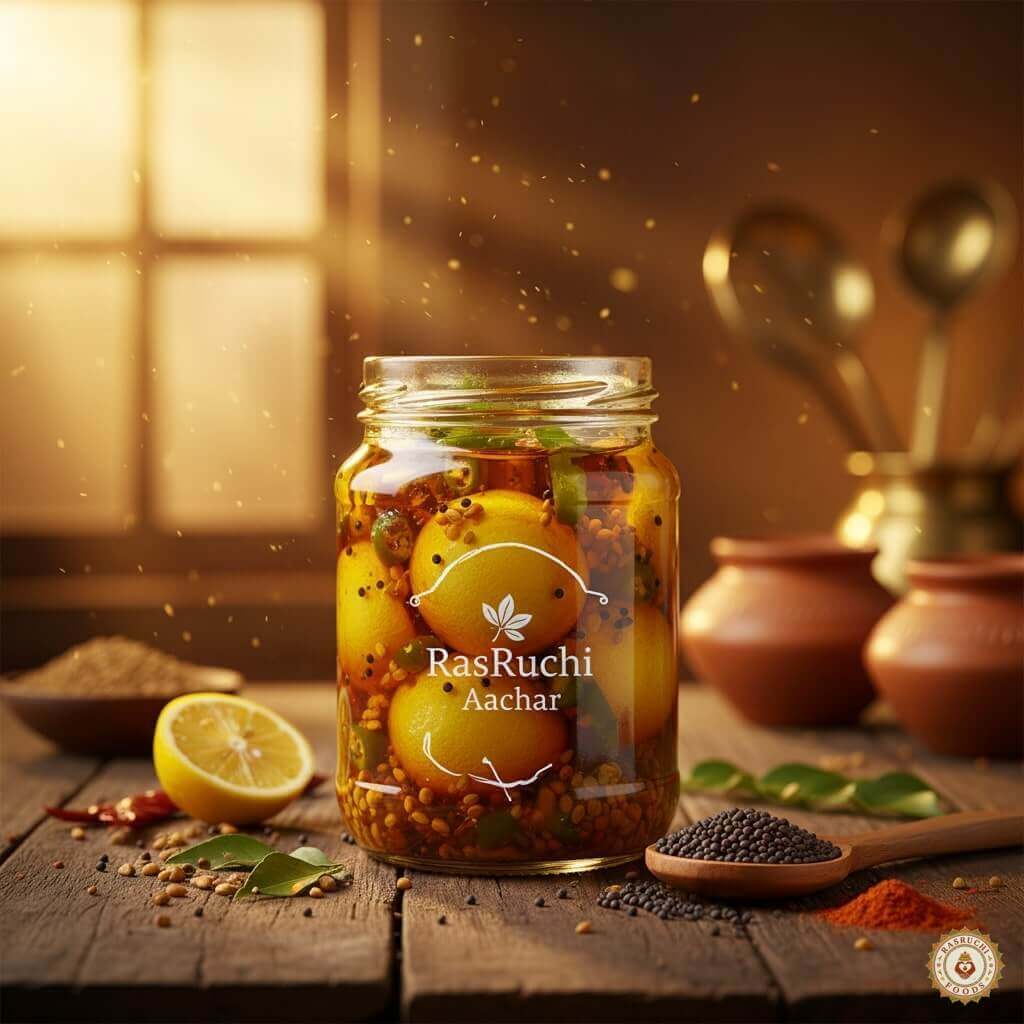 Golden lemon pickle in a traditional jar